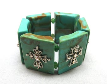 Southwestern Cross Stretch Bracelet ,  Rhinestone Crosses on Turquoise Lucite