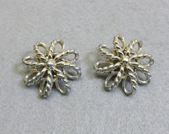 Big Open Silver Flower Clip On Earrings,  Vintage