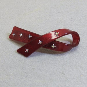 Burgundy Lucite and Rhinestone Ribbon Hair Barrette