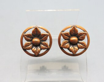 Vintage Copper Metal Flower  Clip On Earrings, *