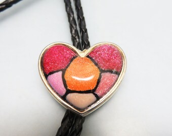 Sweet Colorful Glass Heart Bolo Tie, Pinks and Orange , Rockin' JK Designs