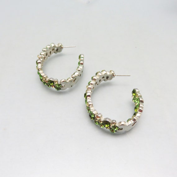 Rhinestone Silvery Metal Hoop Earrings, Pierced H… - image 3