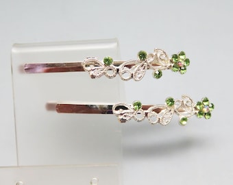 Peridot Green Rhinestone and Silver Filigree Bobby or Hair Pin Pair, Vintage