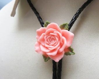 Vintage Large Pink Resin Rose Flower Bolo Tie