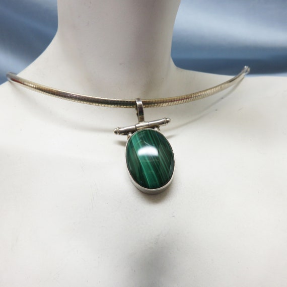 Sterling and Malachite Necklace, Omega Chain, Big… - image 5