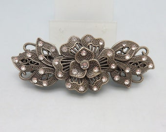 Vintage, Silvery Filigree Floral Rhinestone Hair Barrette