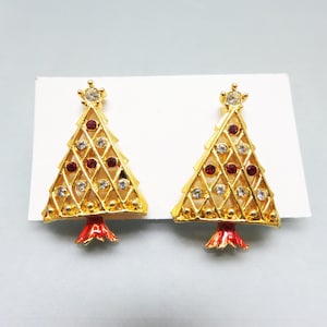 Rhinestone Christmas Tree Pierced Earrings, Vintage 1960s, Elegant, Red and White Rhinestones