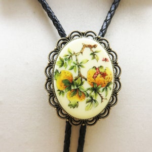Vintage Resin Floral Cameo Bolo Tie,  Handmade, Oriental Yellow Flowering Quince Cameo