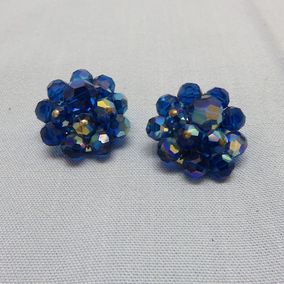 Austrian Crystal Clip Earrings, Blue Aurora Borea… - image 2