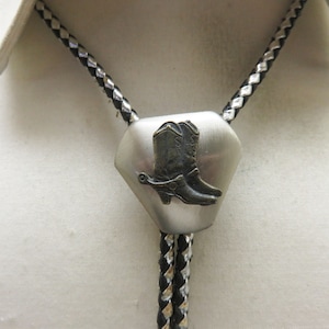 Vintage Brushed Silvertone Metal and Aged Brass Cowboy Boots Bolo Tie
