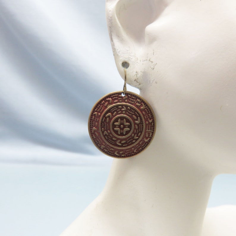 Rust Red and Gold Ethnic Pierced Earrings, Disc Earrings image 5