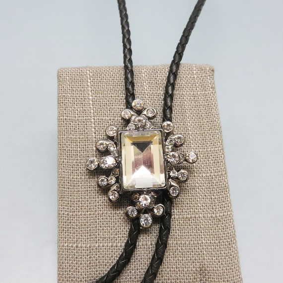 Victorian Style Bolo Tie, White Rhinestone, Vinta… - image 1