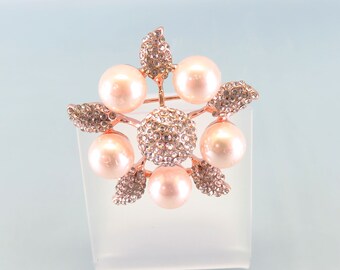 Vintage Rhinestone Faux Pearl Brooch, Rose Gold Color, MINT