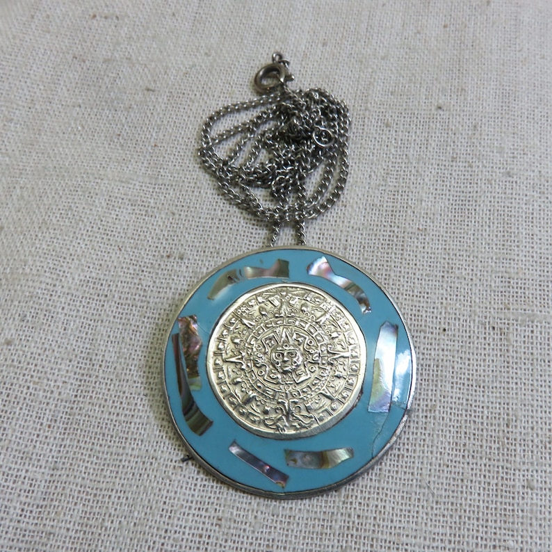Vintage 1970s Abalone Shell Mayan Calendar Necklace Alpaca Silver Mayan Calendar Pin or Pendant