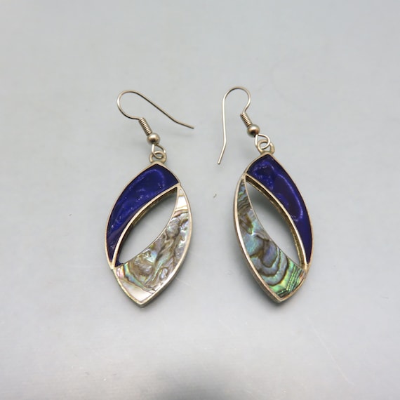 Abalone and Navy Blue Enamel Pierced Earrings, Striki - Gem
