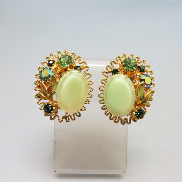 1960s Spring Green Glass Clip On Earrings,  Peridot Green Rhinestone Accents