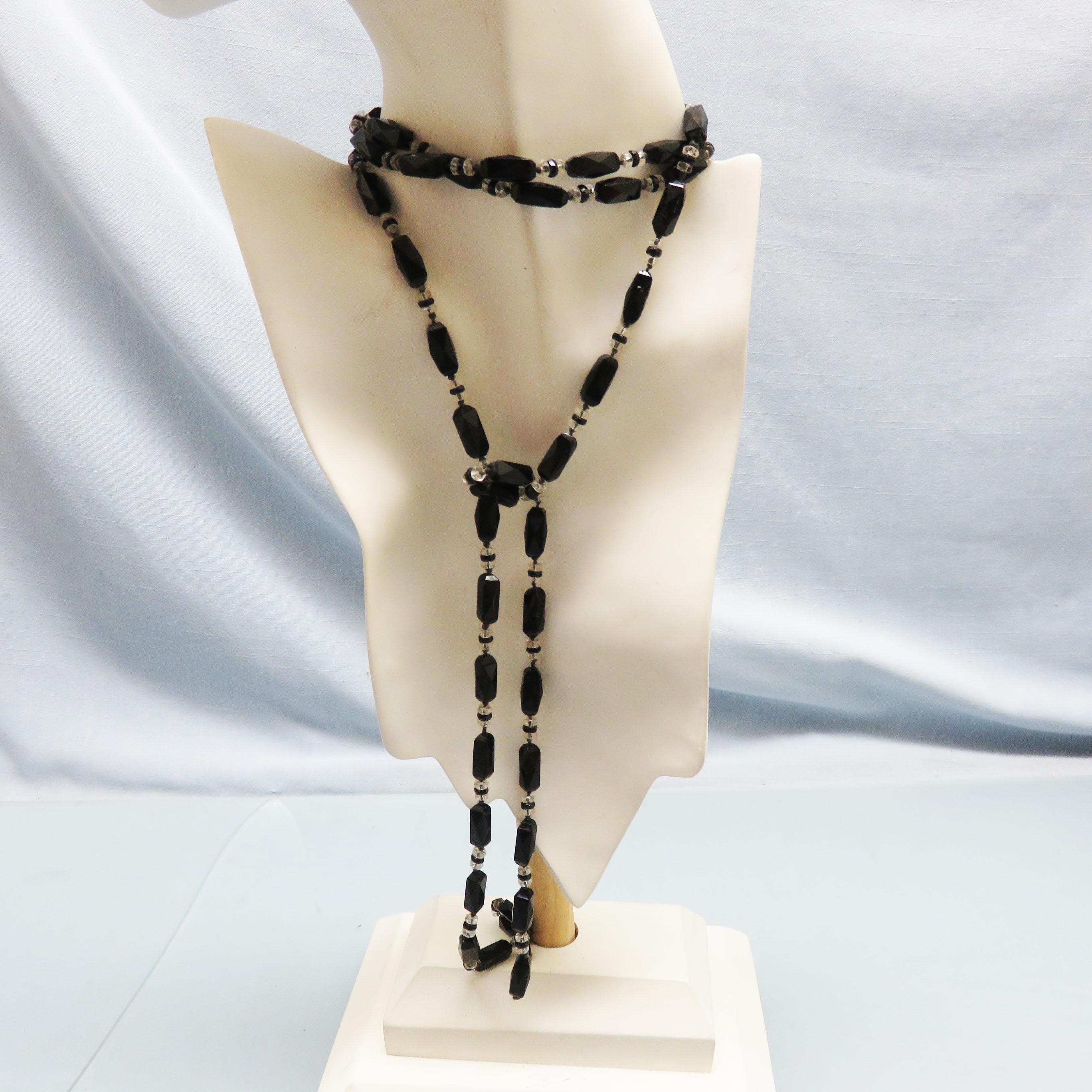 Art Deco Black Glass Bead Necklace: 57