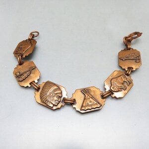 Vintage 1960s Copper Bracelet, Southwestern Pictorial Panel Bracelet, Buffalo Teepee Feather and Chief, Western Jewelry
