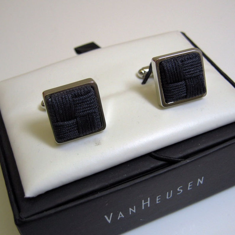 Van Heusen Cufflinks Mint in Box Black Fabric and Silvertone Etsy
