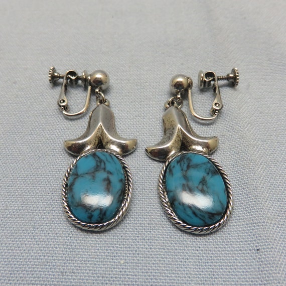 Turquoise Dangle Clip On Earrings, Silvertone Met… - image 2