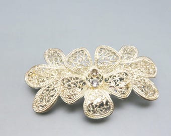 Vintage Metal Filigree Barrette Silver Tone Etched Hair Clip  display picture 2