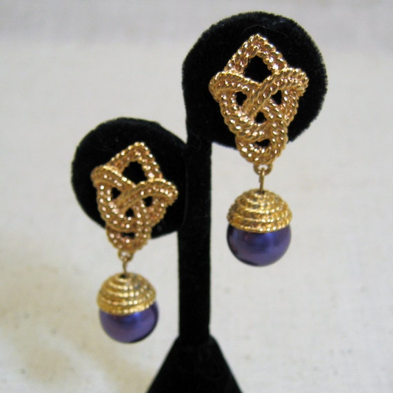 Pearl Drop Pierced Earrings, Purple with Golden L… - image 1