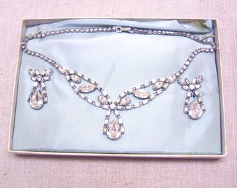 1960s Clear Rhinestone Necklace and Earrings Set, Vintage Ballroom Jewelry, Screwback Demi Parure in Original Box