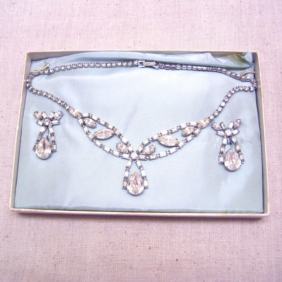 1960s Clear Rhinestone Necklace and Earrings Set, Vintage Ballroom Jewelry, Screwback Demi Parure in Original Box