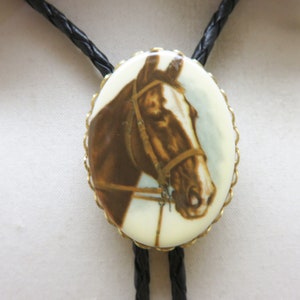 Vintage Bay Horse Portrait Bolo Tie: Goldtone Frame, Leather Cord