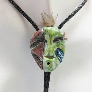 Pottery Tiki Mask Bolo Tie: Unique African Style Slide