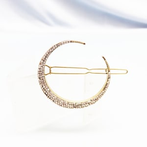 Vintage Rhinestone Crescent Moon Hair Barrette - Goldtone Gothic Style