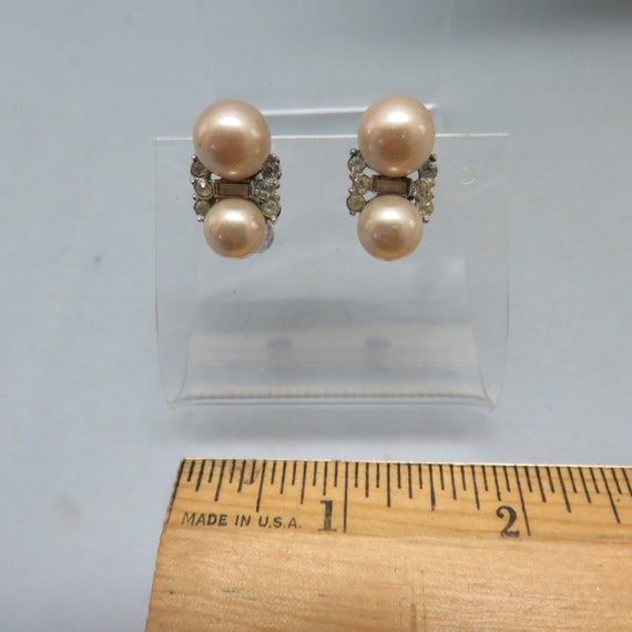 Vendome Double Pearl Clip on Earrings, Pearl and Rhinestone