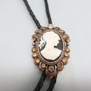 Vintage Faux Cameo Bolo Tie, Rhinestone Accent, Handmade