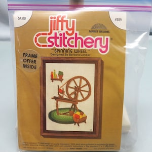 Jiffy Stitchery Crewel Stitchery Kit, 1977, Spinning Wheel Crewel Kit