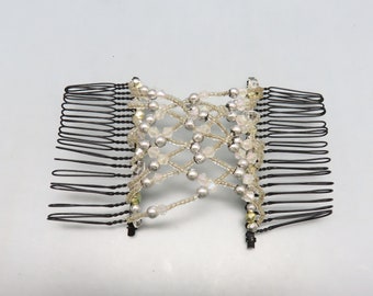 Vintage Double Silver and Clear Beaded Hair Combs, Attached to Each Other