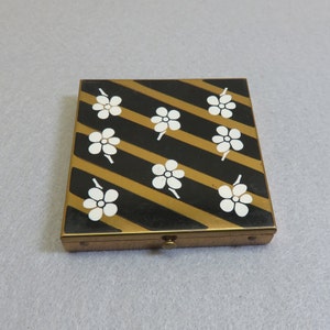 Vintage 1960s Black and White Flowered Brass Compact - Never Used