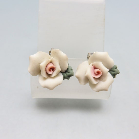 Bisque Porcelain White and Pink Rose Clip On Earr… - image 1