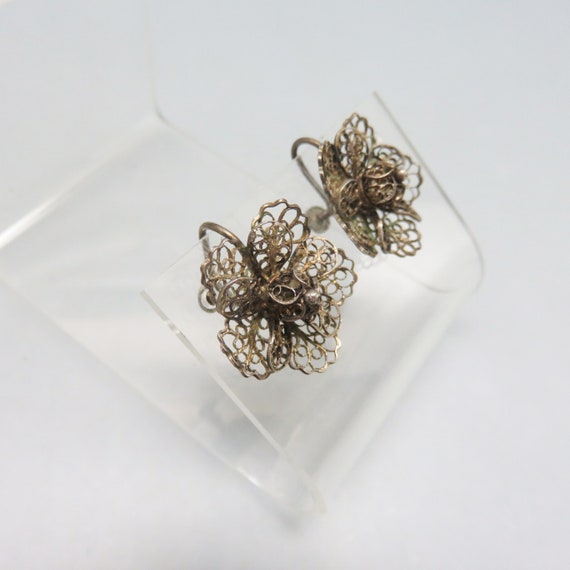 Sterling Silver Flower Screw Back Earrings,  Vint… - image 3