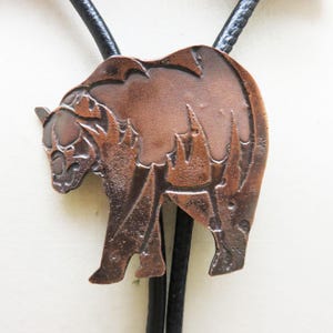 Copper Grizzly Bear Bolo Tie, Hand Made in Montana, Handstitched Black Leather String Tie