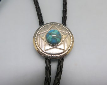 Vintage Southwestern Texas Star Concho Bolo Tie, Faux Turquoise Accent