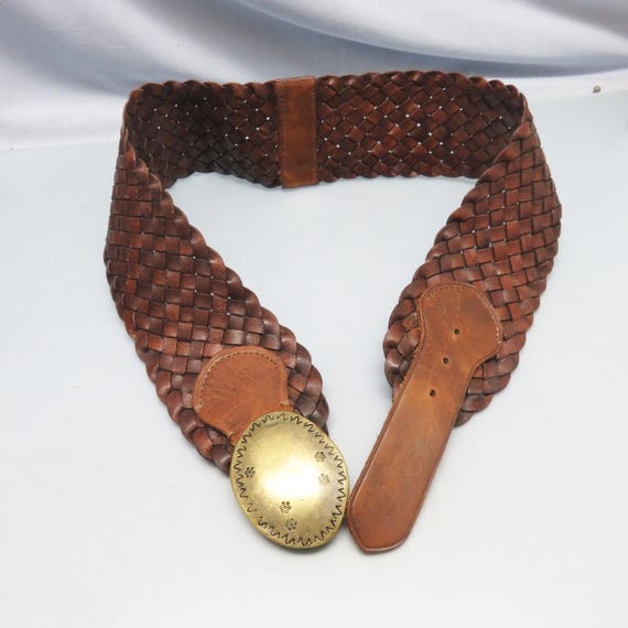 Vintage Brown Braided Leather Belt Ornate Solid Brass Flower Buckle 36 Large Women main image 3