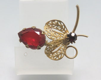 1960s Golden Filigree and Red Rhinestone Brooch