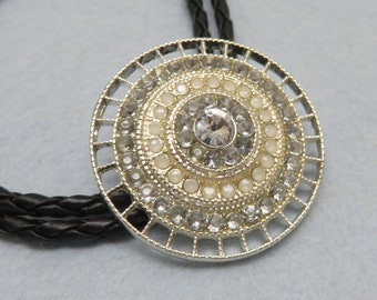 Vintage 1950s Rhinestone Button Bolo Slide, Handmade Rockin' JK