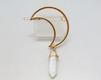 Golden Crescent Moon Hair Barrette, Vintage  Barrette With Opalite Stone Point