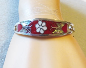 Mexican Alpaca Silver Abalone Shell Hinged Bangle Bracelet