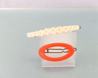 Pair of Petite Vintage Orange and White Plastic  Hair Barrettes, Child's Barrettes