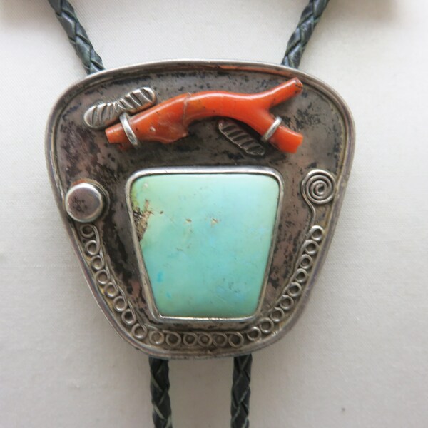 Sterling Bolo Tie, Native American, Turquoise, Coral Vintage Old Pawn