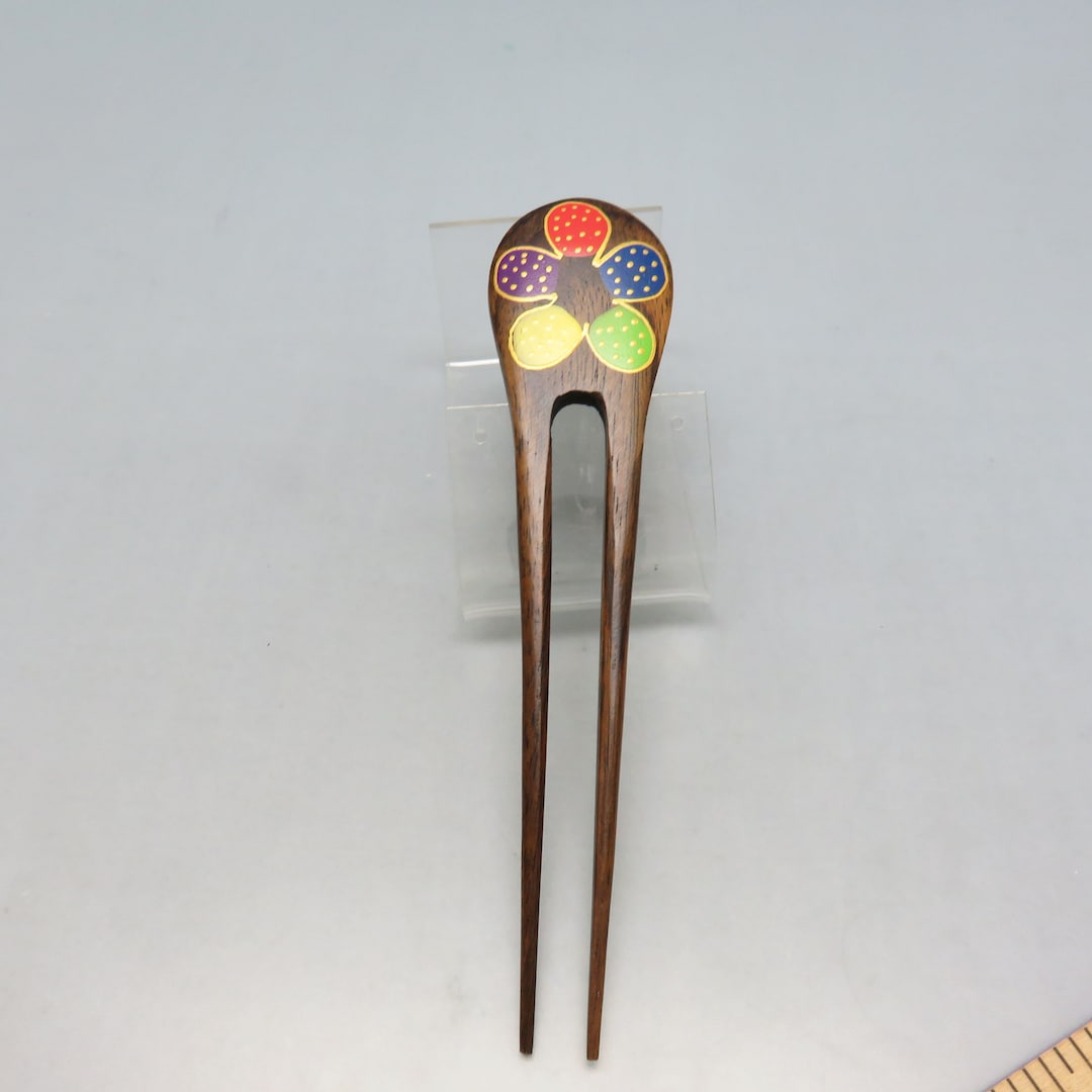 Vintage Wood Hair Fork, Attached Hair Sticks With Colorful Handpainted ...