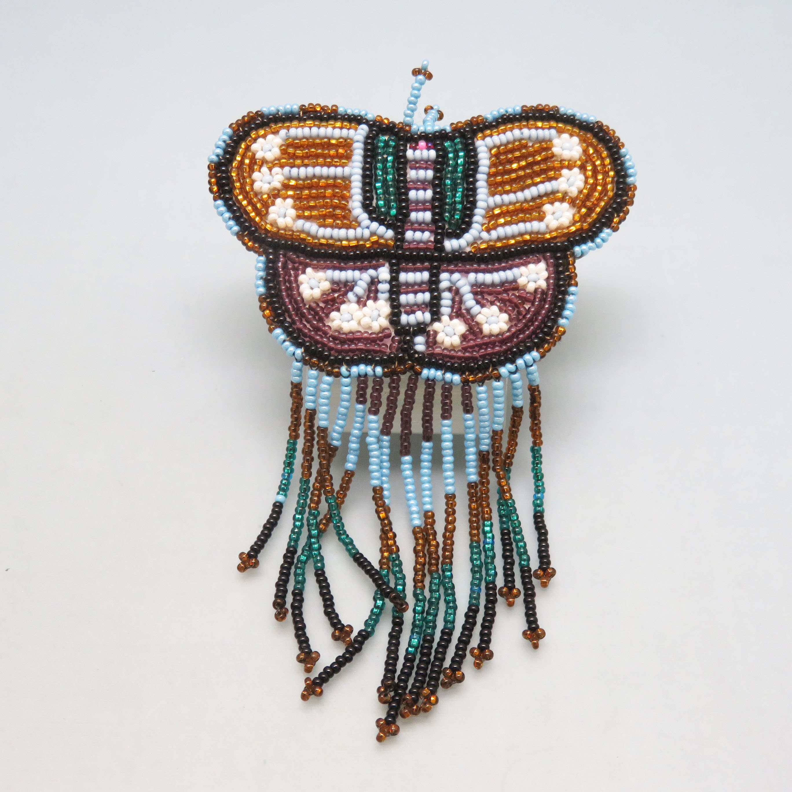 Vintage Large Beaded Butterfly Barrette, Brown, Gold, Blue  display picture 1