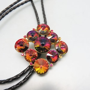 Modern Rhinestone Bolo Tie, Vintage, Handmade Bolo, Red Vitrail Rhinestones